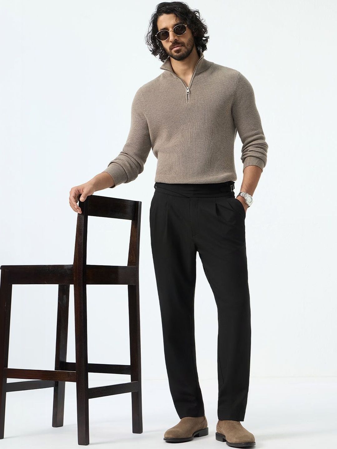 The Souled Store Mens Jet Black Straight Fit Super Flex Gurkha Pant