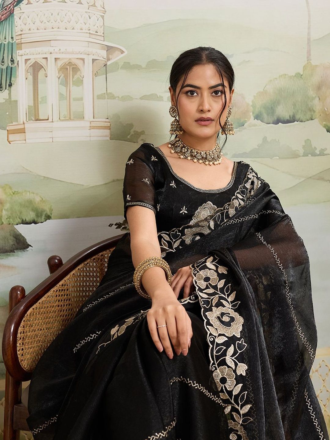 HERE&NOW Floral Embroidered Organza Heavy Work Saree