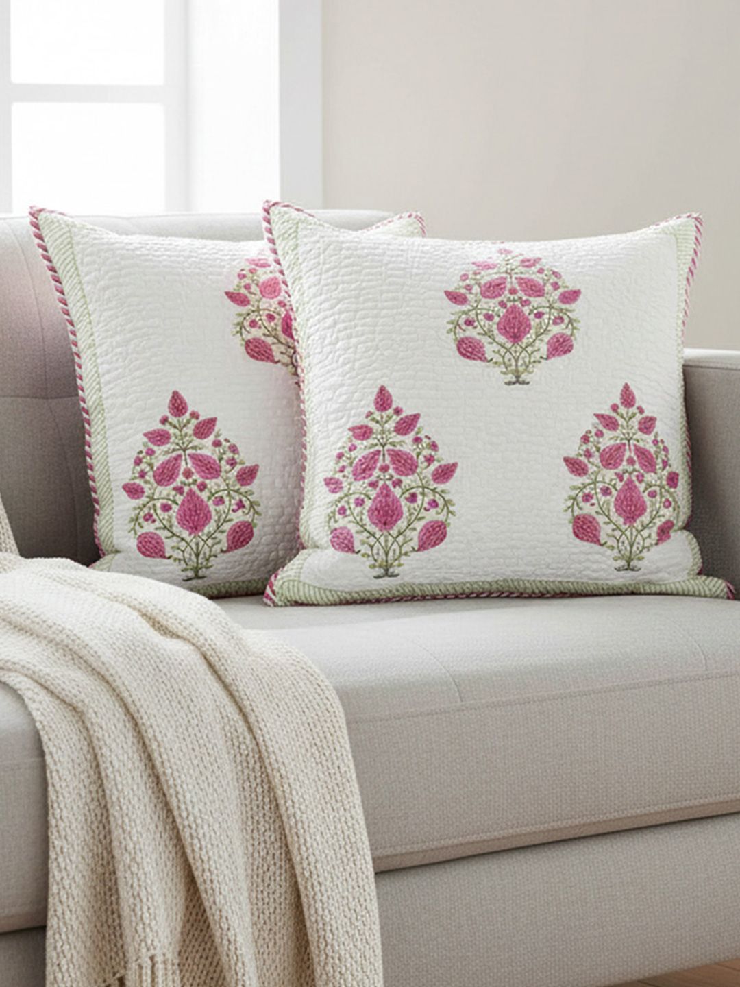 HOMEMONDE Pink & White 2 Pieces Floral Square Cotton Cushion Covers