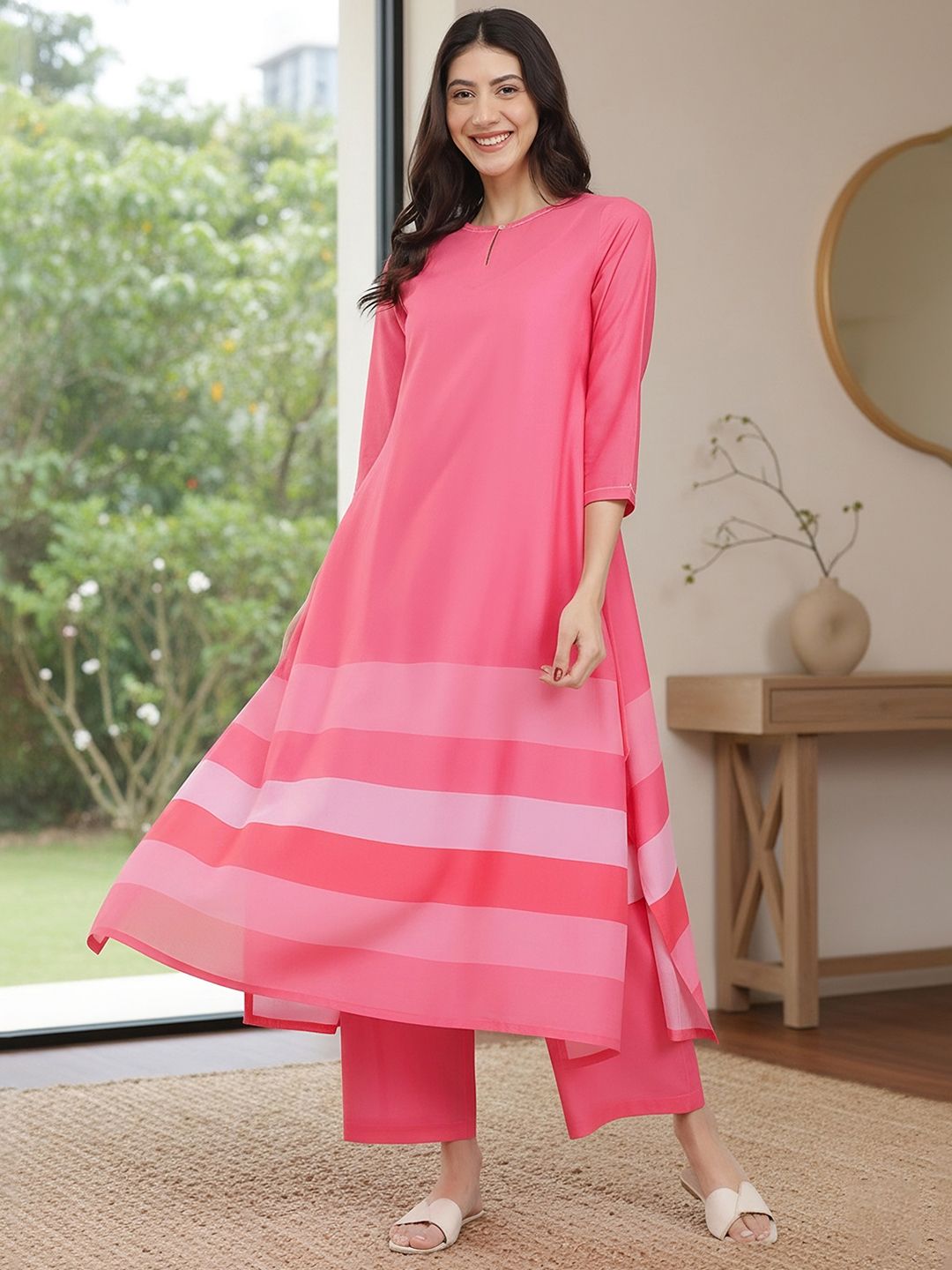 Pink Fort Striped Pure Cotton Kurta with Trouser