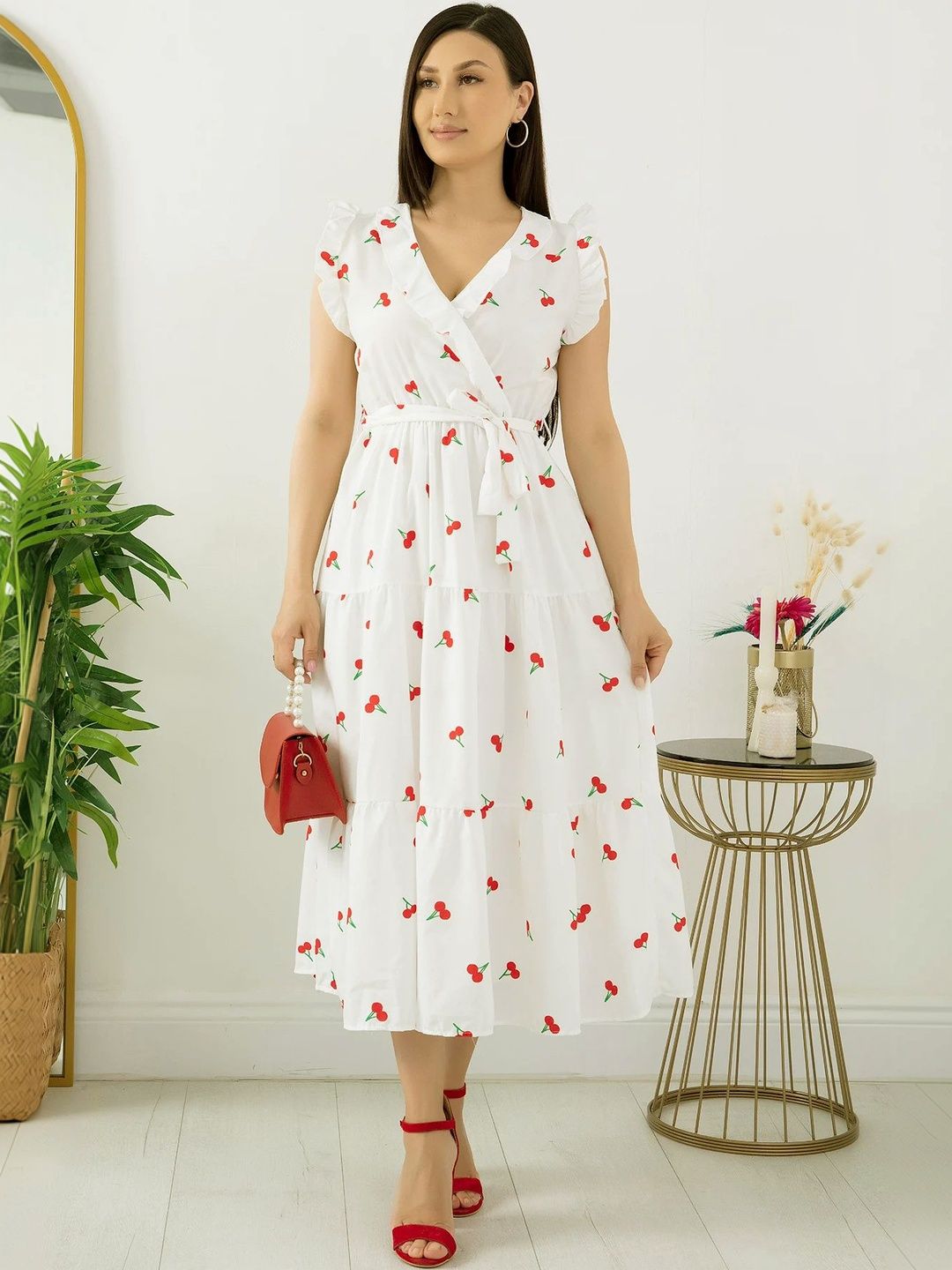 PIMU Print Flutter Sleeve Ruffled Midi Dress