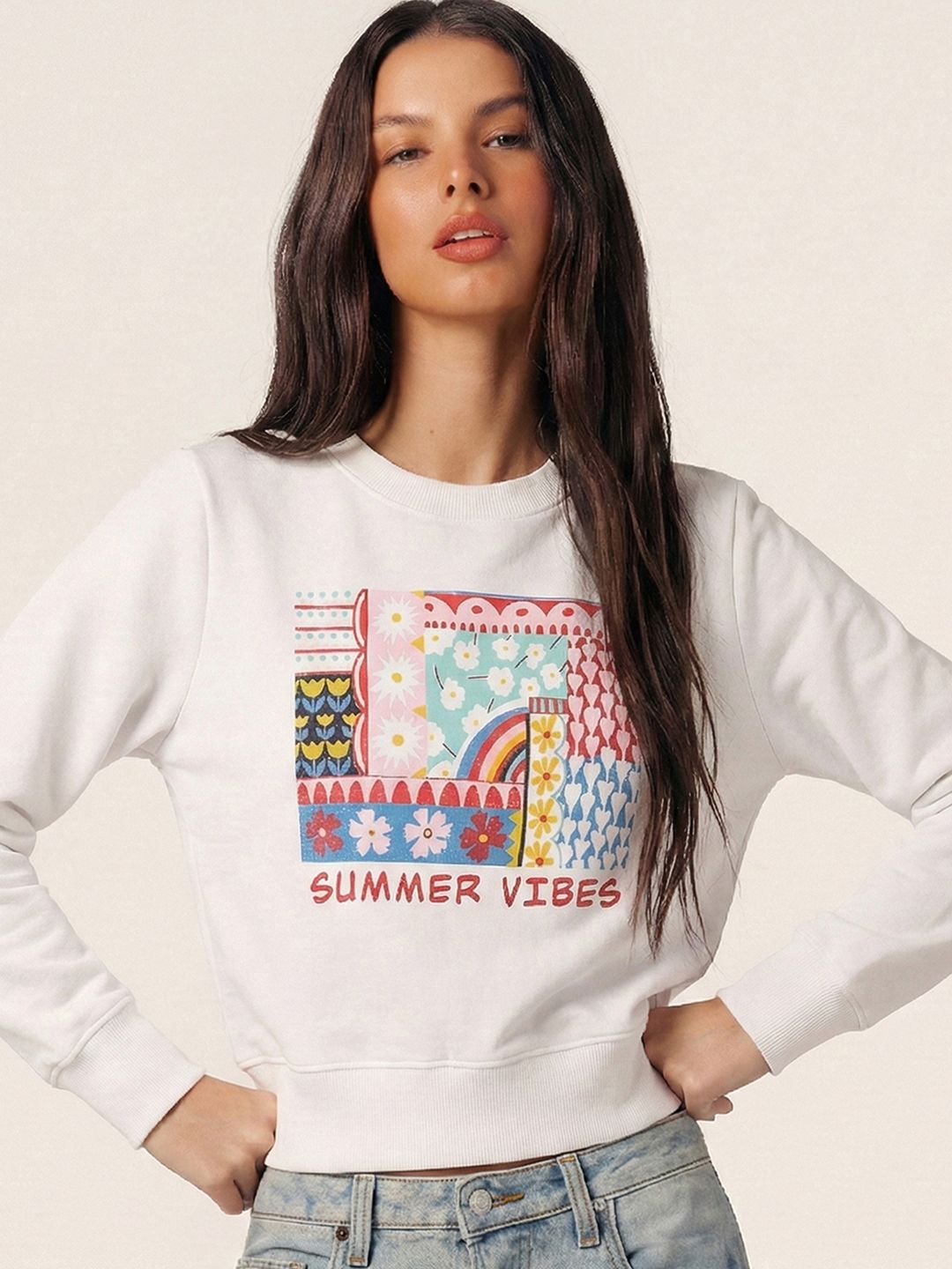 Tokyo Talkies Women White Printed Sweatshirt