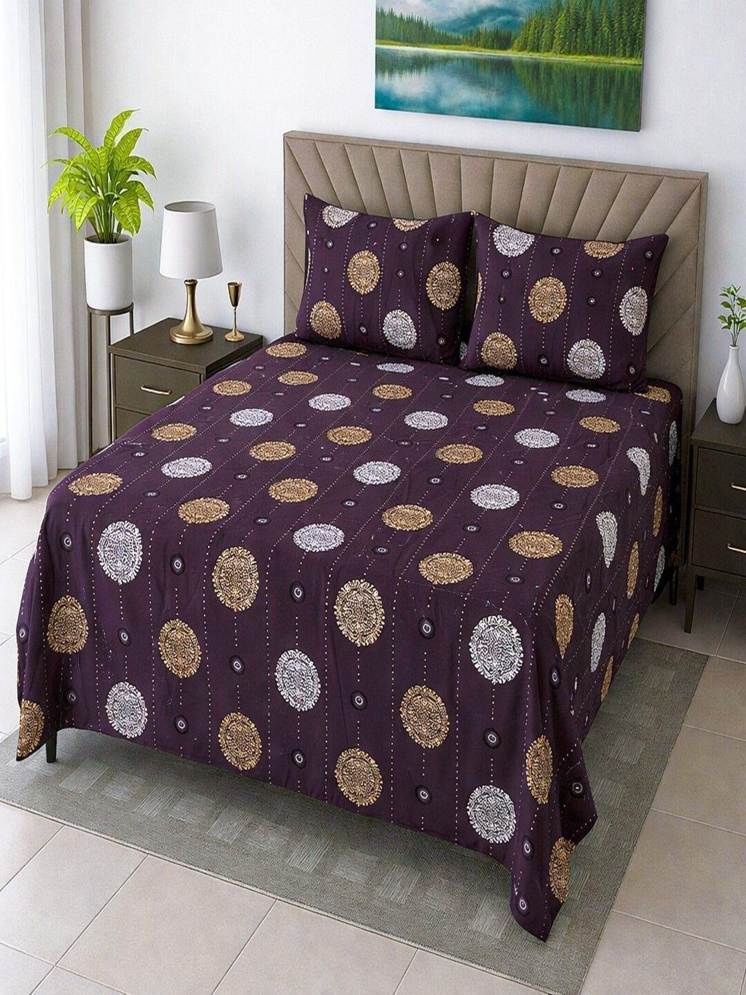 Threadwear Coffee Brown & White Floral 400 TC Bedsheet with 2 Pillow Covers