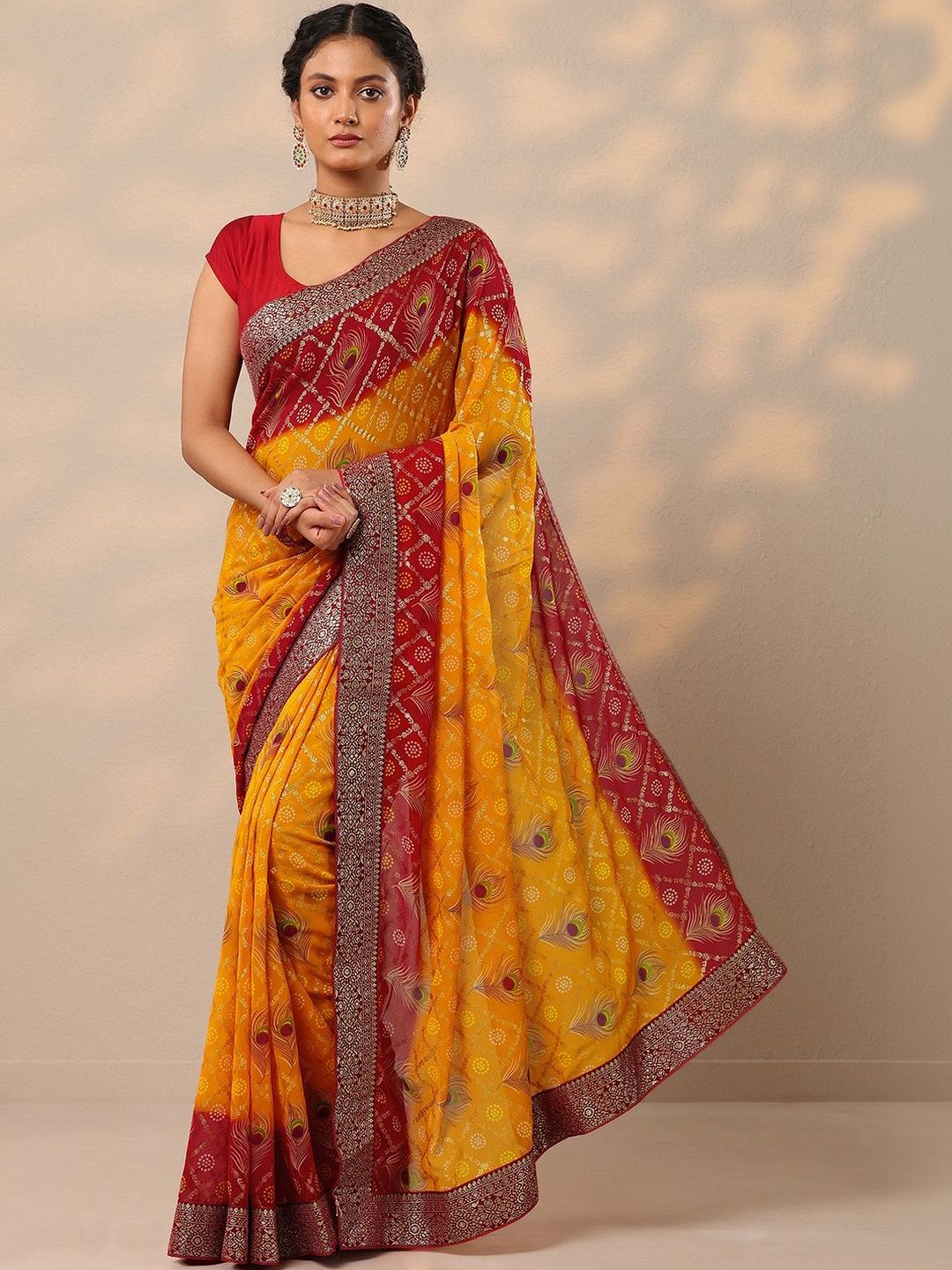 Libas Yellow Bandhani Printed Georgette Saree With Unstitched Blouse Piece