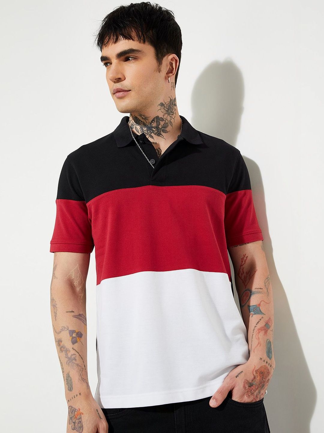 max Men Colourblocked Polo Collar T-shirt