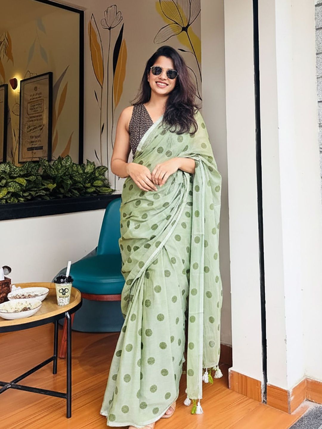Mitera Polka Dot Linen Blend Designer Block Print Saree