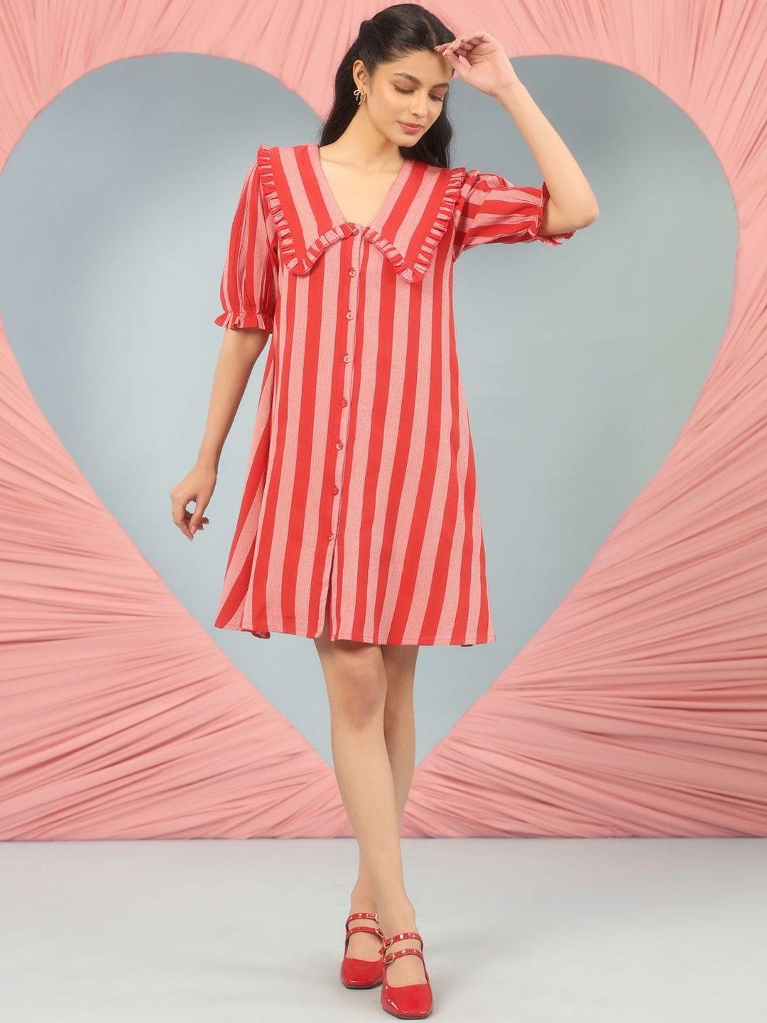 anayna Striped Puff Sleeve Ruffled A-Line Dress