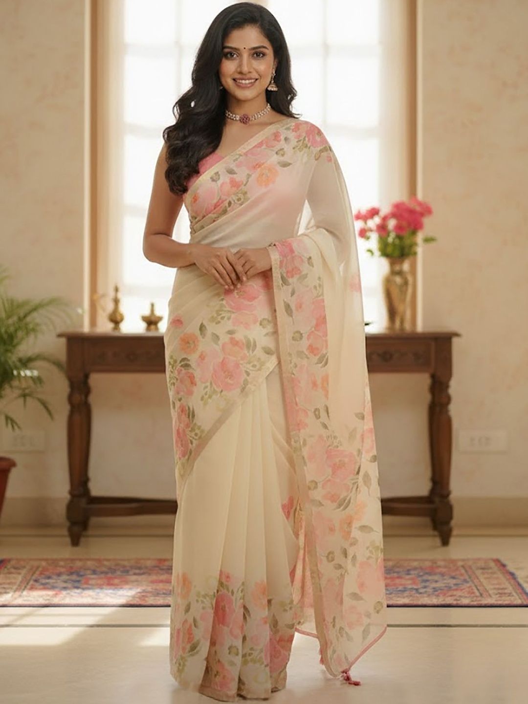Mitera Floral Linen Blend Block Print Saree