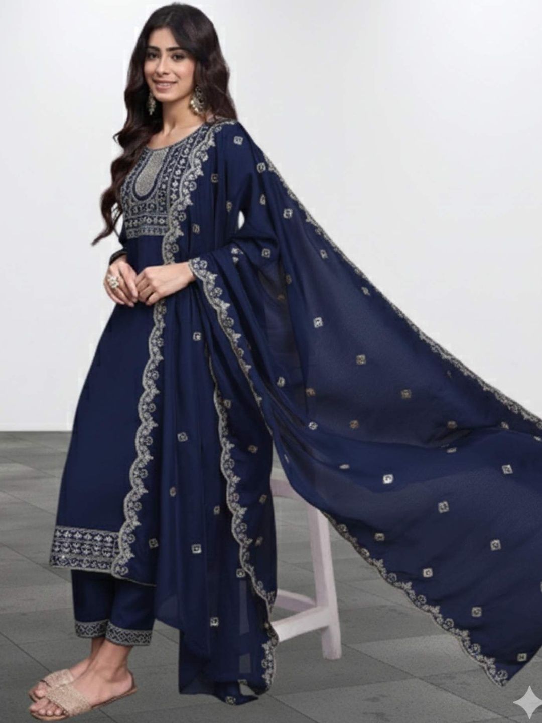 Glamelab Women Ethnic Motifs Embroidered Regular Thread Work Kurta with Trousers & With Dupatta