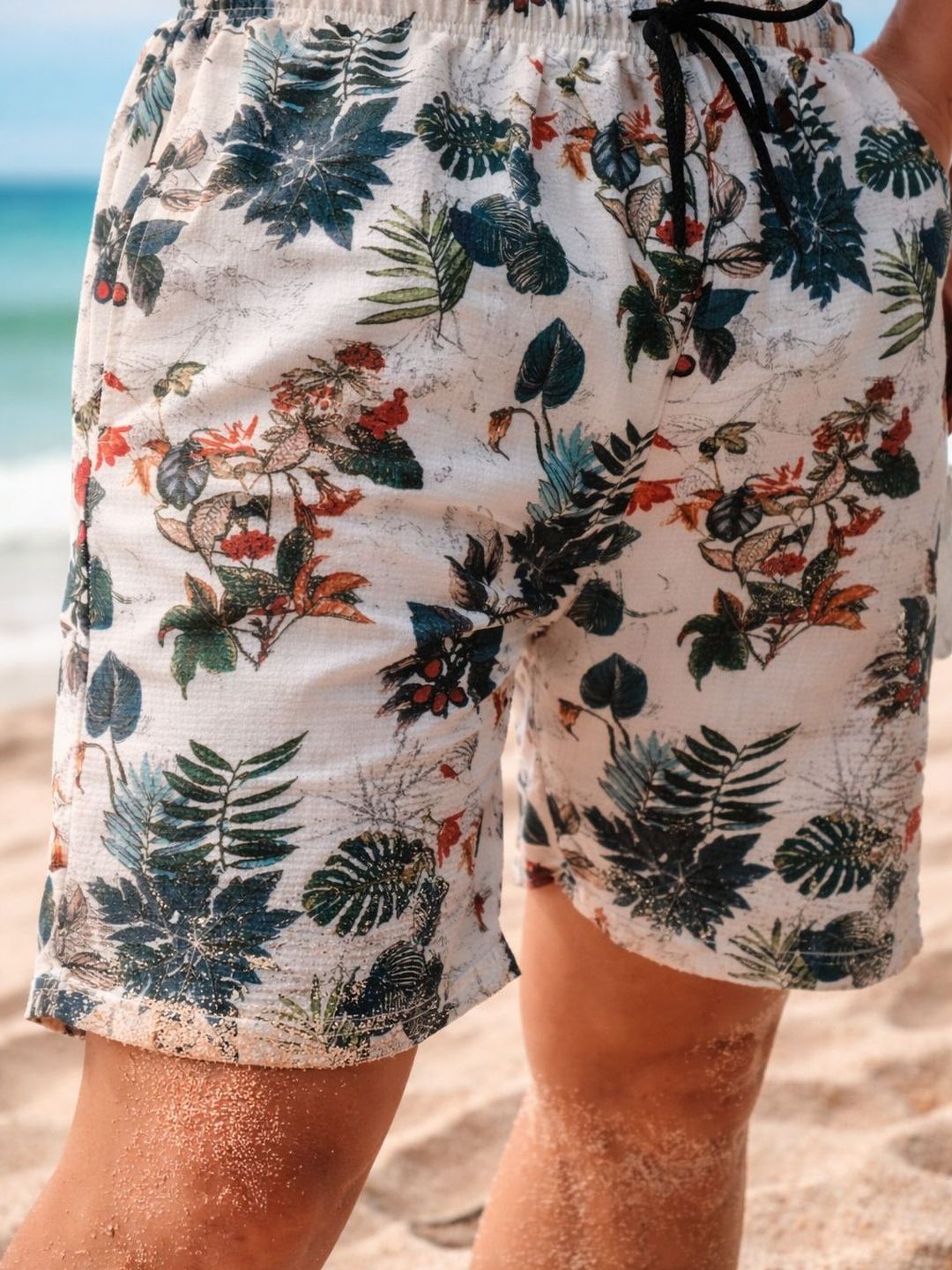 Off White Floral Printed Regular Fit Shorts