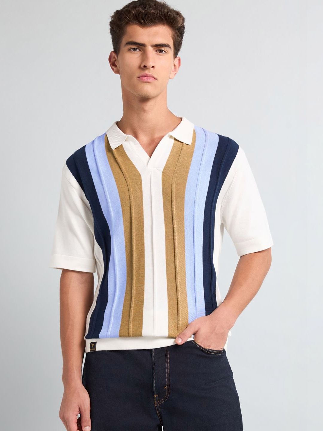 Hamercop Blue With White Candy Stripe Knitted Cotton Polo T-Shirt