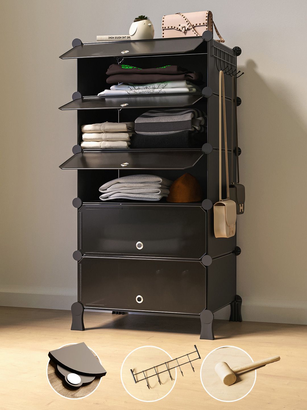 BOXJOY Black 5 Shelf Layer Cloth Organizer Rack Wardrobe