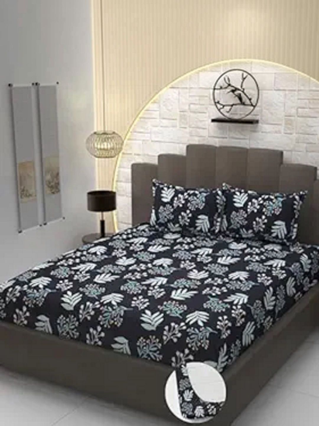 LUZDECOR Black Floral King Bedsheet with 2 Pillow Covers
