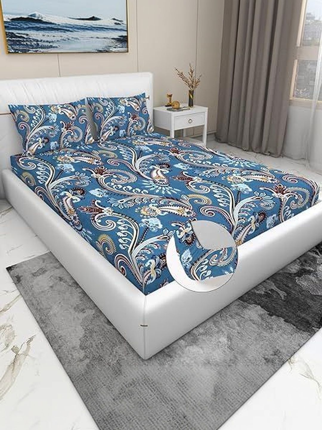 LUZDECOR Blue 210 TC King Bedsheet with 2 Pillow Covers