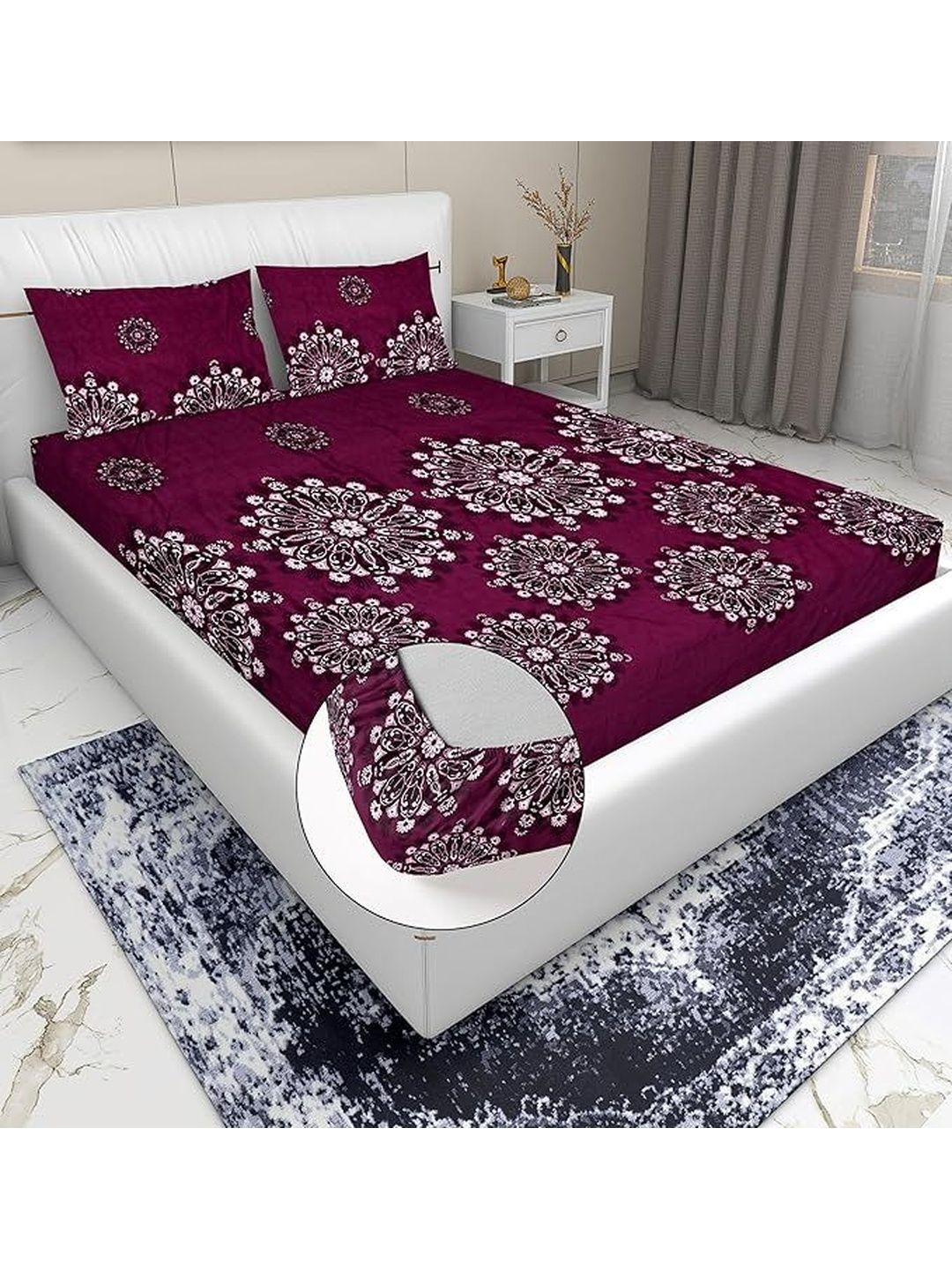 LUZDECOR Maroon Floral 210 TC Bedsheet with 2 Pillow Covers