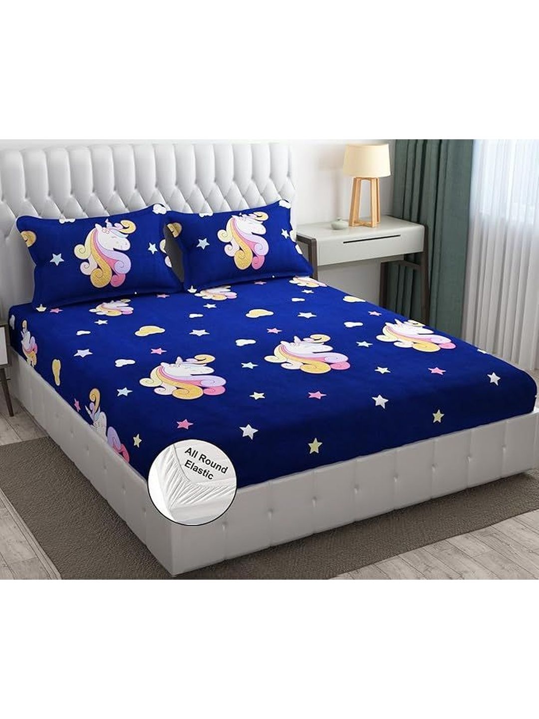 LUZDECOR Navy Blue Conversational King Bedsheet with 2 Pillow Covers