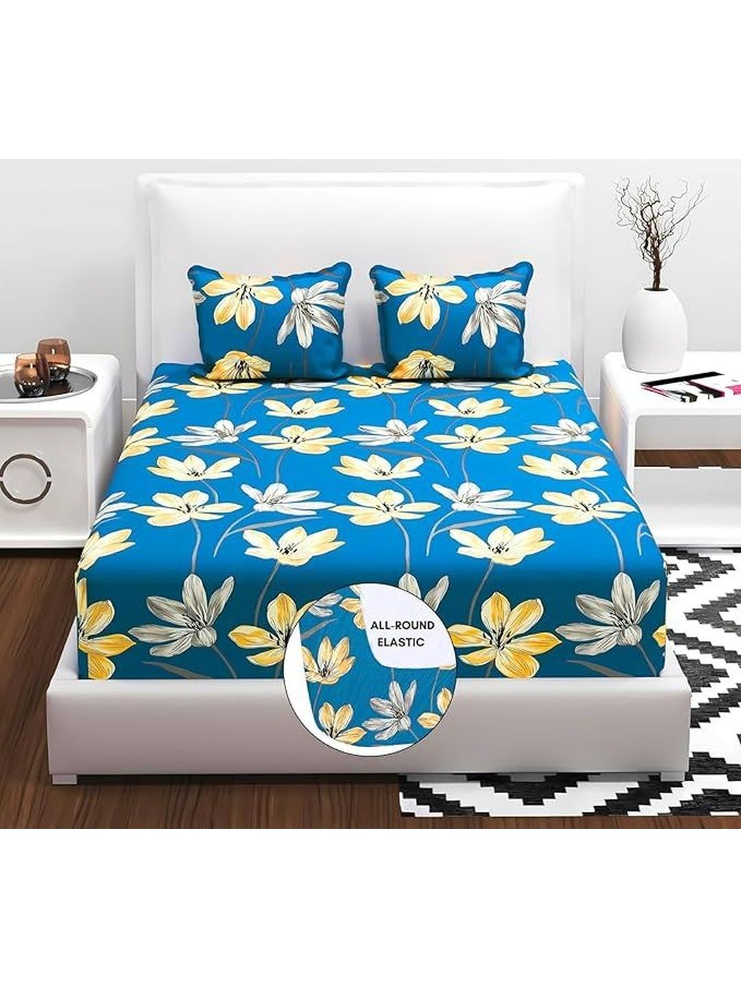 LUZDECOR Blue Floral King Bedsheet with 2 Pillow Covers