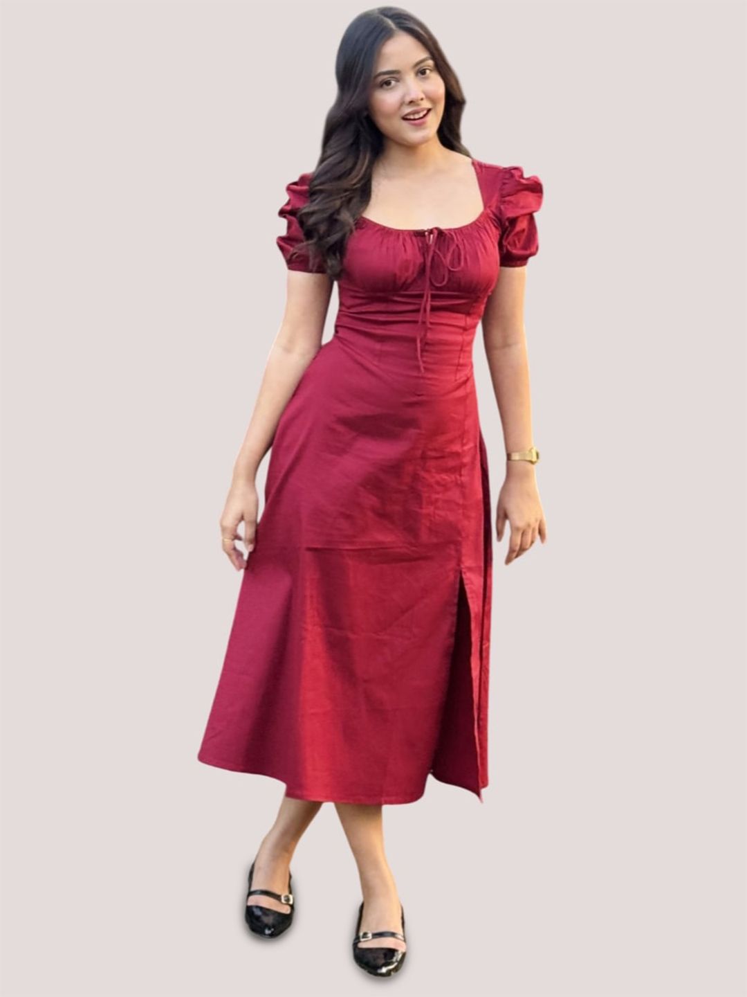ELYRAA Puff Sleeve A-Line Midi Dress