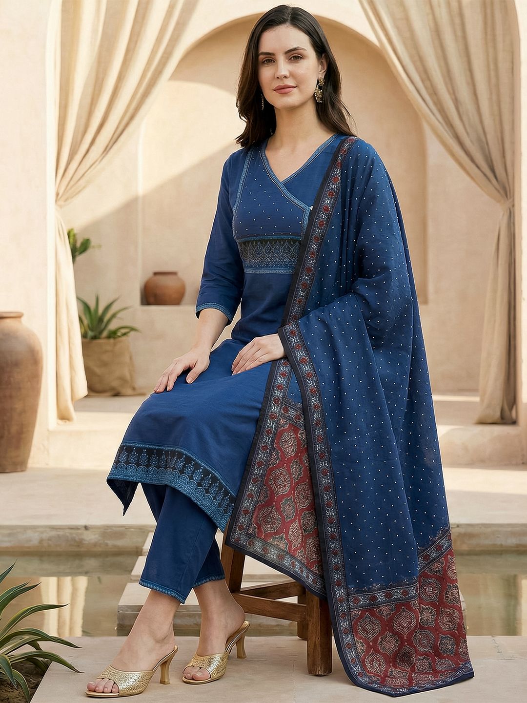 Indo Era Women Ethnic Motifs Printed Regular Pure Cotton Kurta with Trousers & With Dupatta