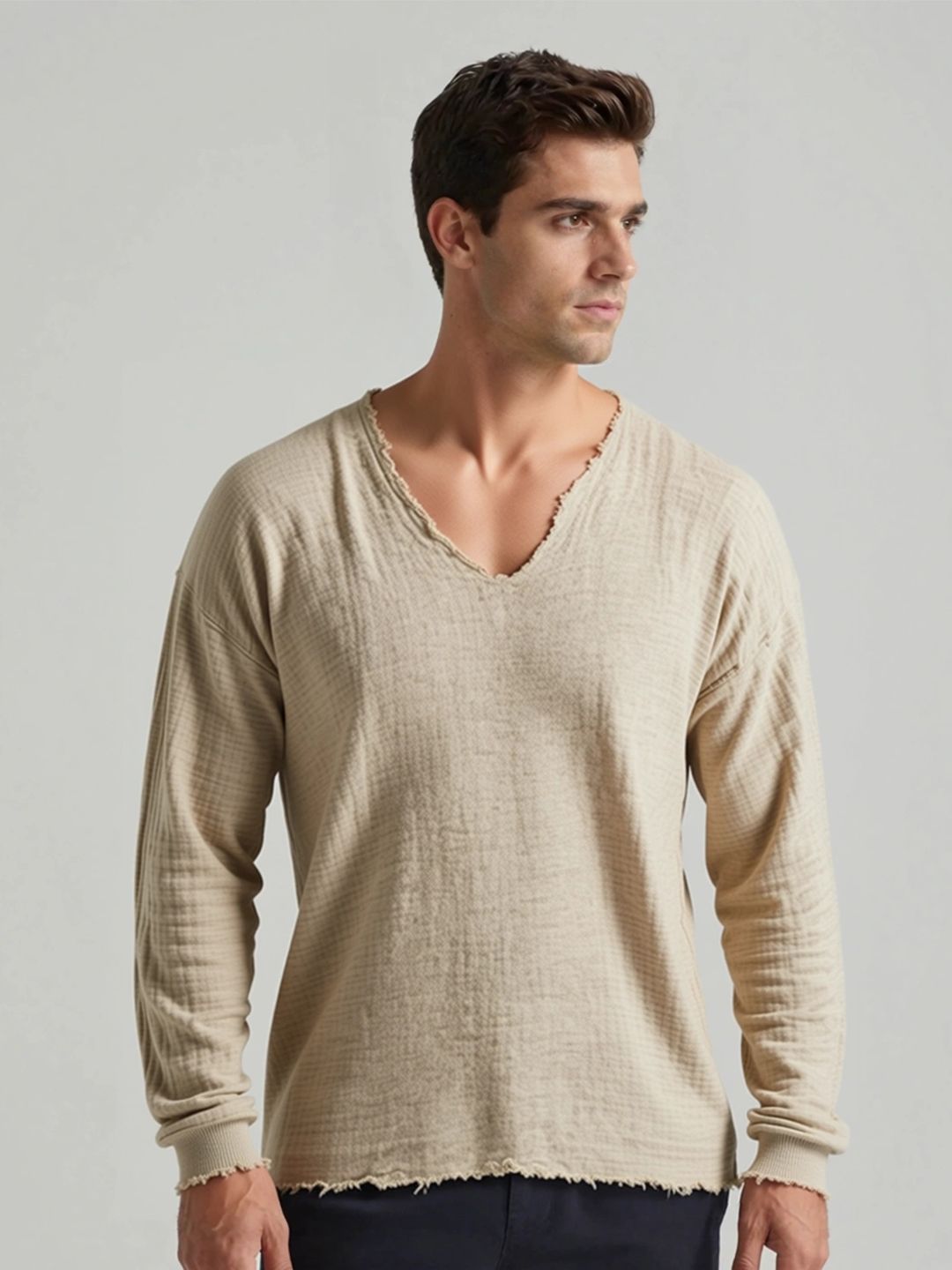 ANDREW HILL Men V-Neck Raw Edge T-shirt