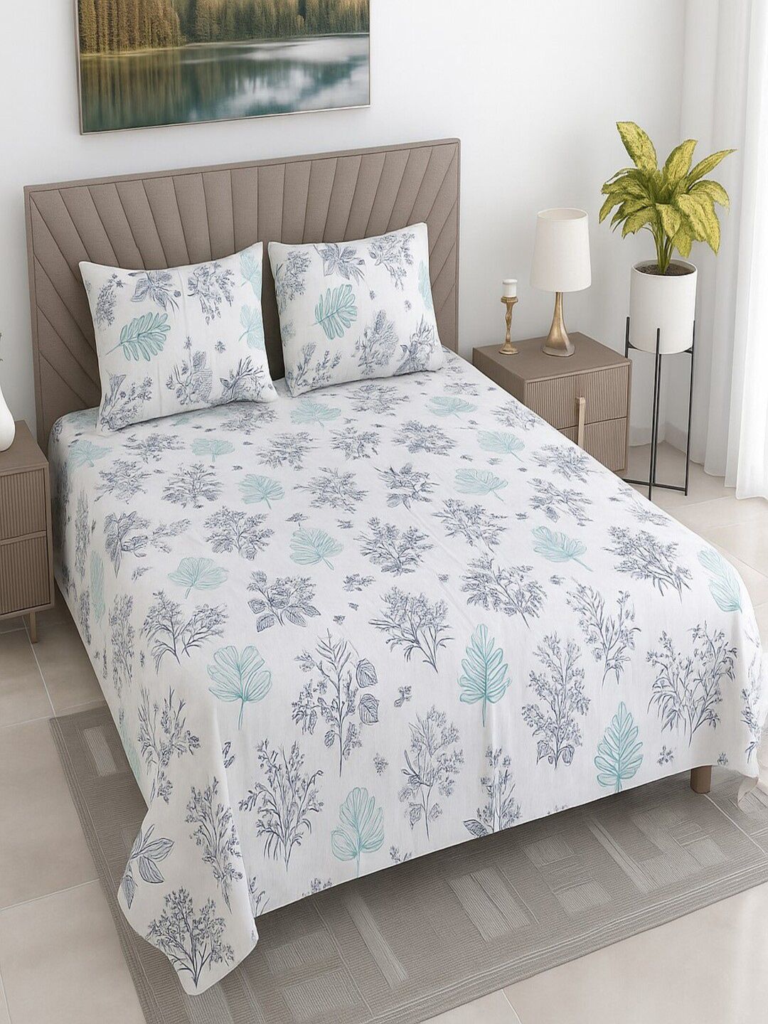 Threadwear White & Green Printed 400 TC Cotton Super King Bedsheet Set 2.75 m x 2.75 m