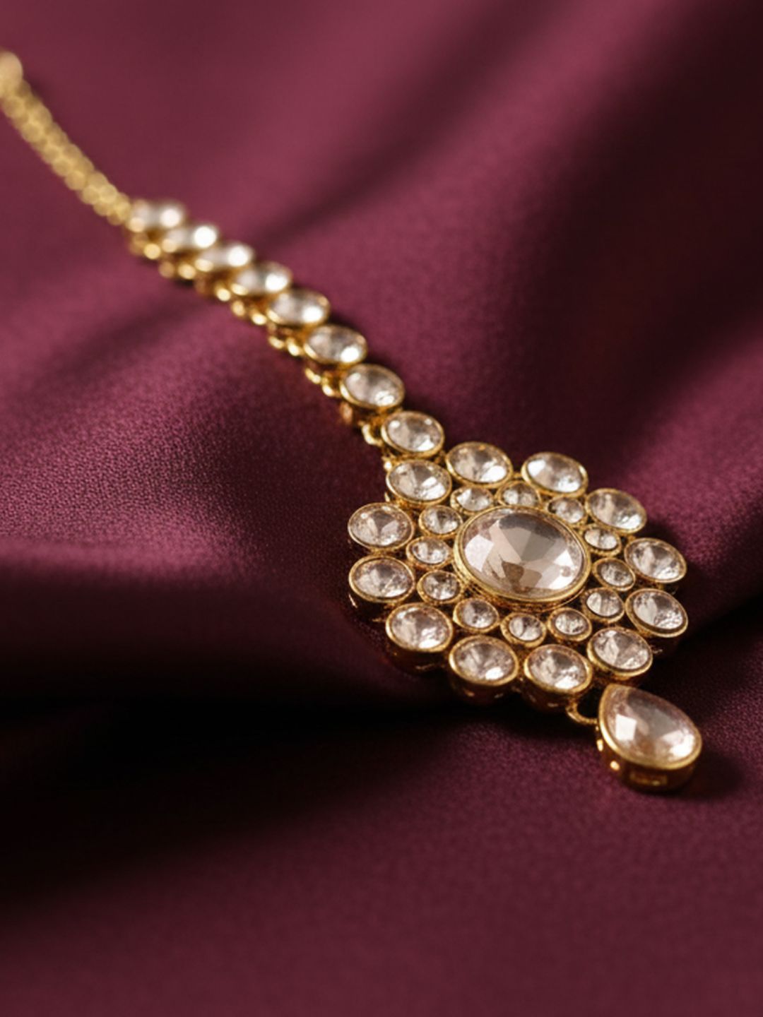I Jewels Women Gold Plated White Stone Kundan Maang Tikka