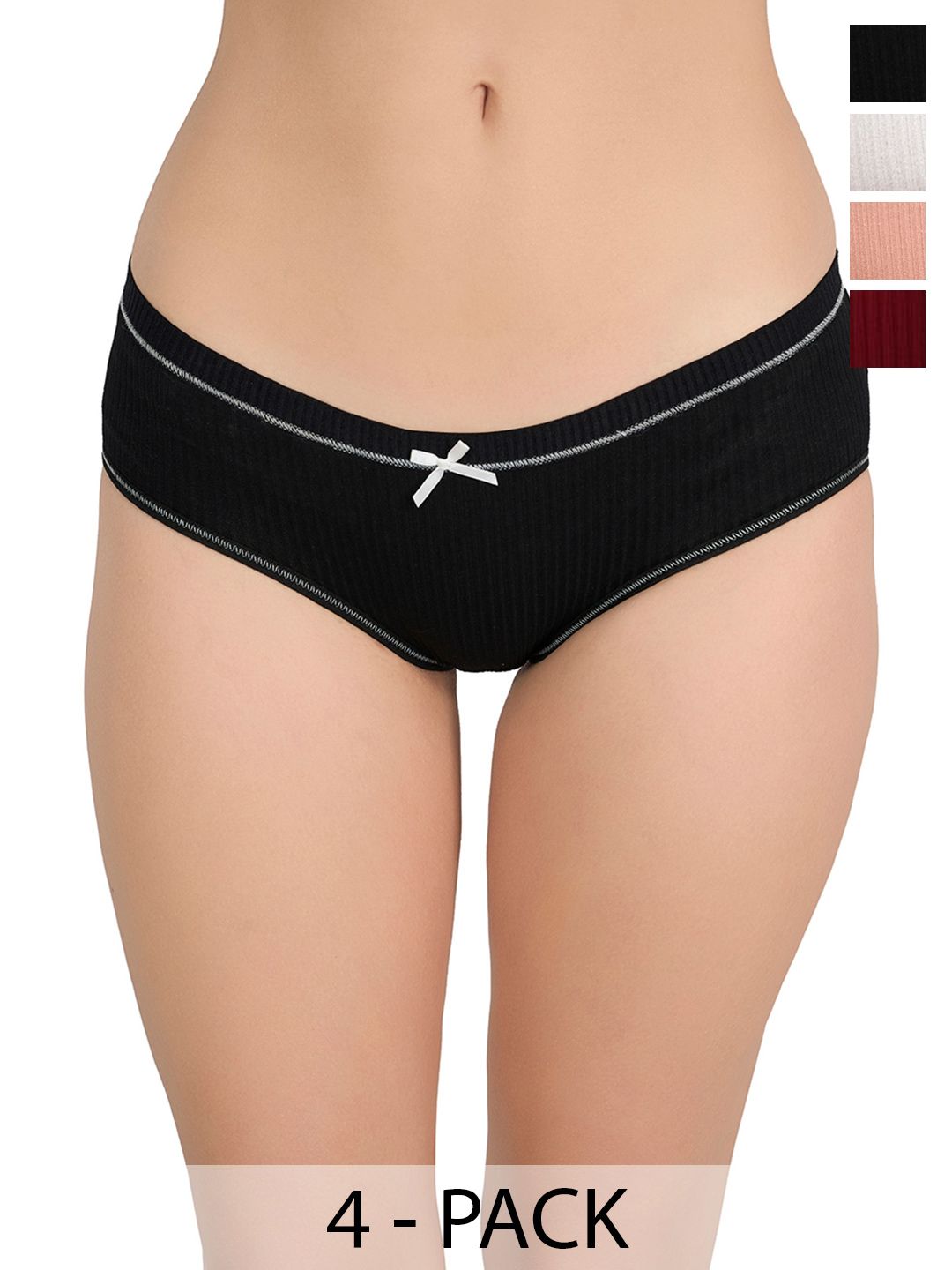 Moda Rapido Pack Of 4 Striped Low-Rise Ribbed Hipster Briefs With Stylish Bow