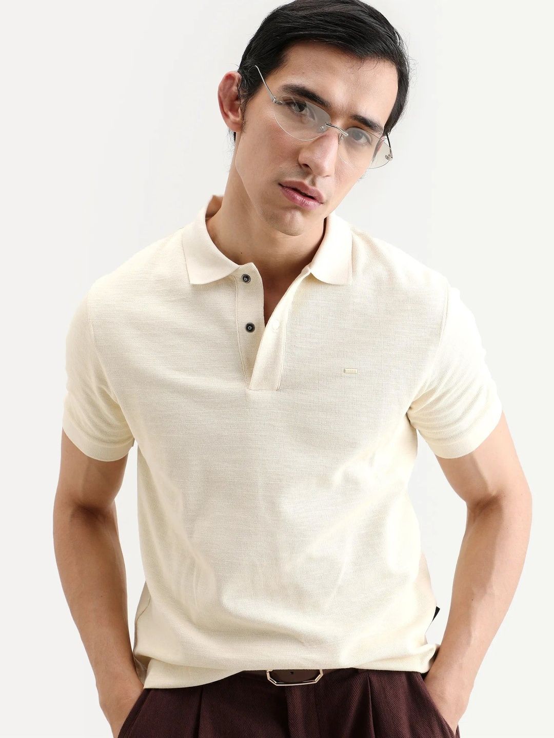 RARE RABBIT Men Plain Spread Collar Half Sleeve Cotton Regular Fit Polo T-Shirt