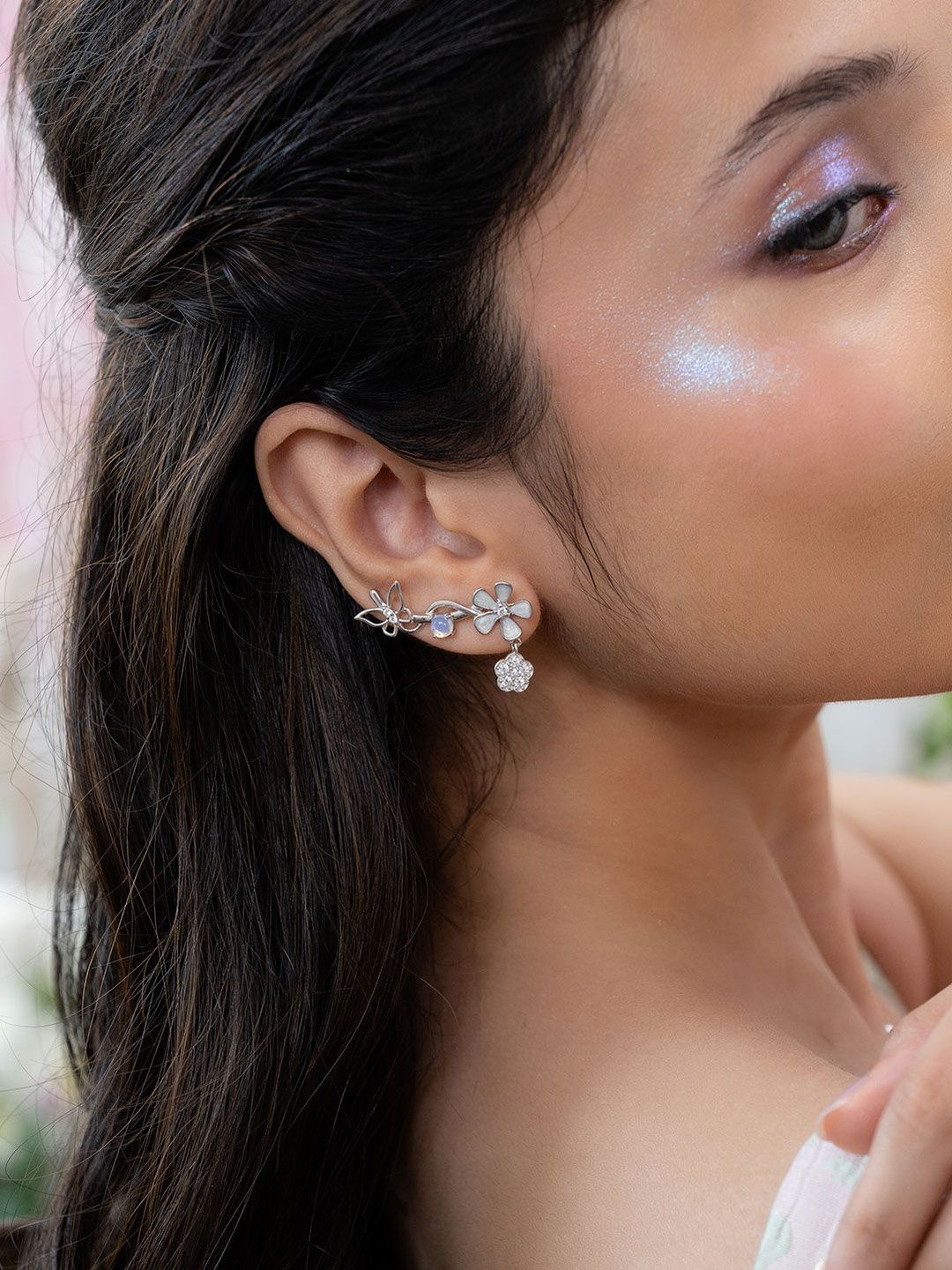 Shaya by CaratLane Iris Flower Rhodium-Plated Cubic Zirconia Studs