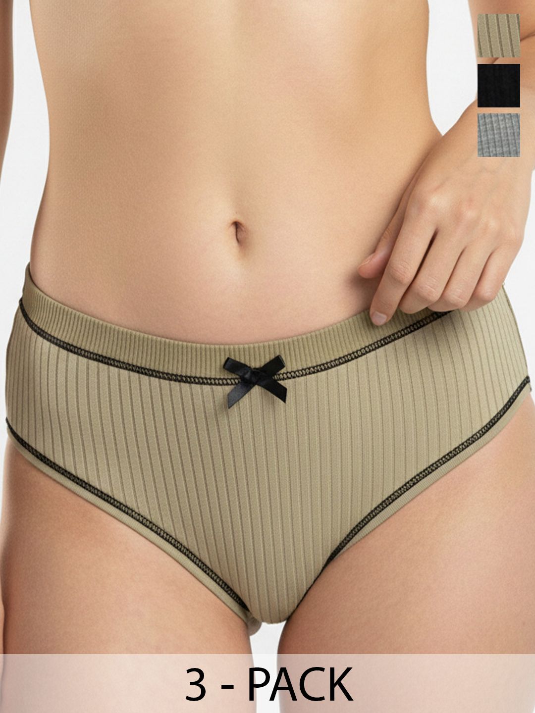Moda Rapido Pack of 3 Ribbed Cotton Low-Rise Hipster Briefs