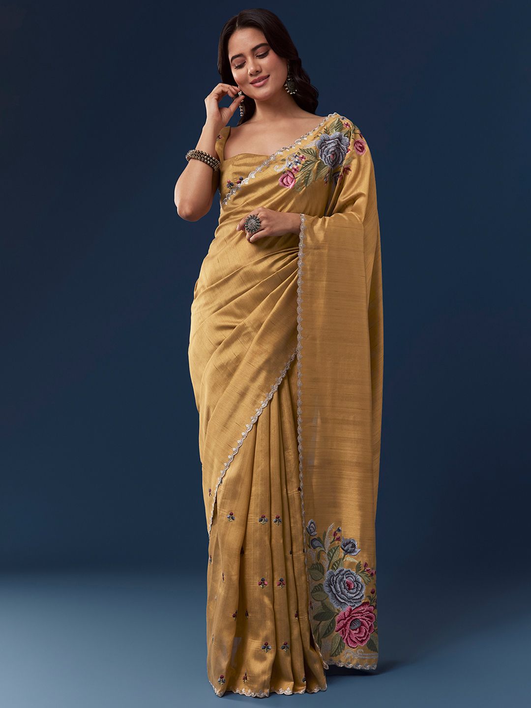 KALKI Fashion Floral Embroidered Silk Blend Designer Saree
