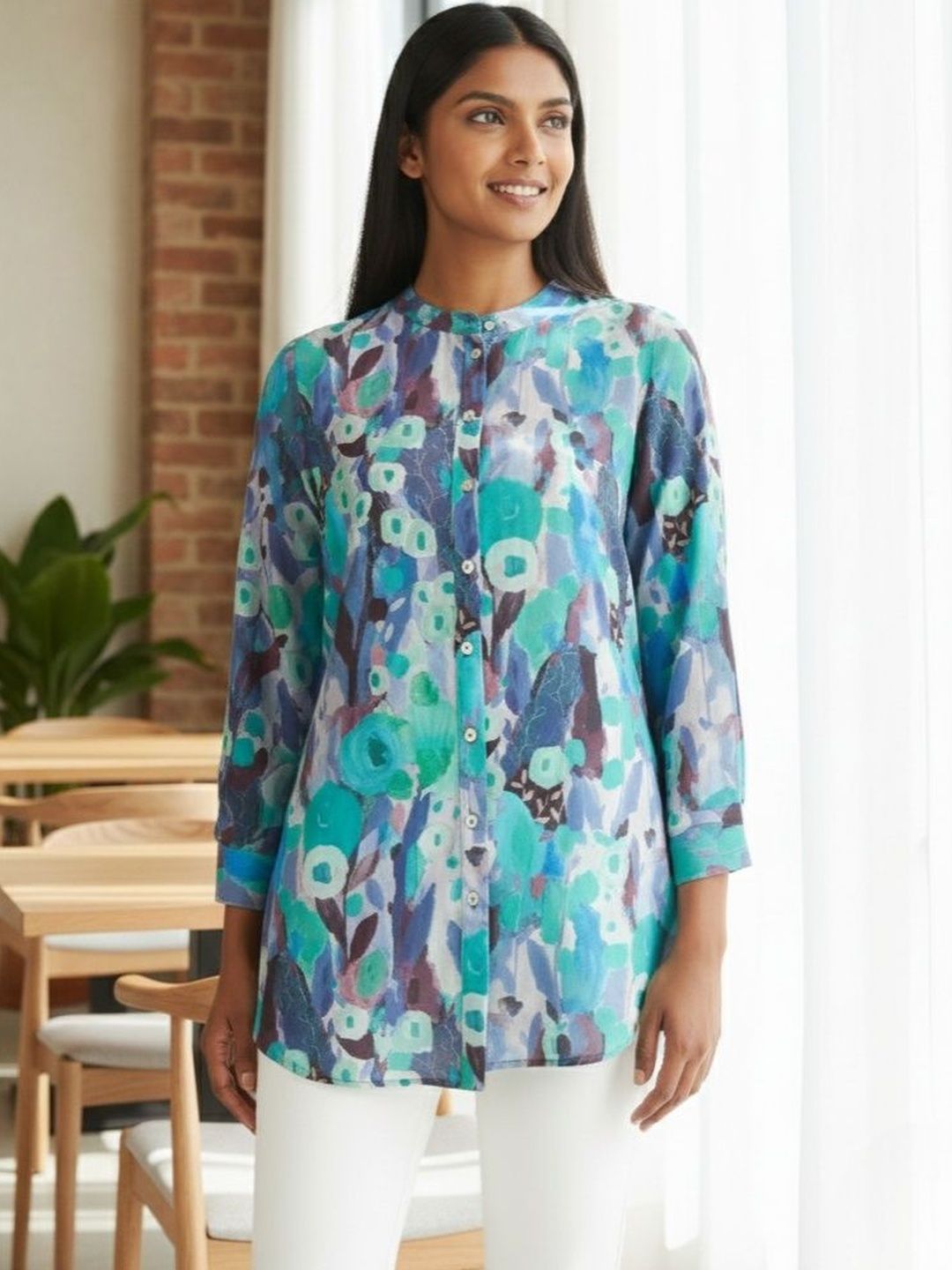LERIYA FASHION Print Mandarin Collar Top
