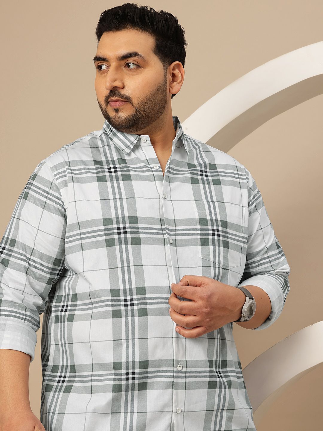 Sztori Plus Size  Tartan Checks Spread Collar Pure Cotton Casual Shirt