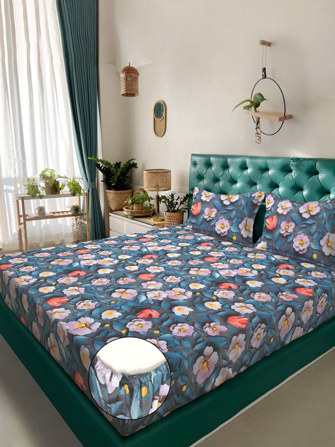KLOTTHE Blue & Red Floral Printed Fitted 300 TC King Size 7D Bedsheet With 2-Pillow Covers