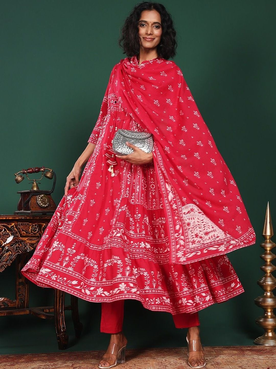 Meena Bazaar Ethnic Motifs Printed Tiered Mirror Work Kurta with Trousers & With Dupatta