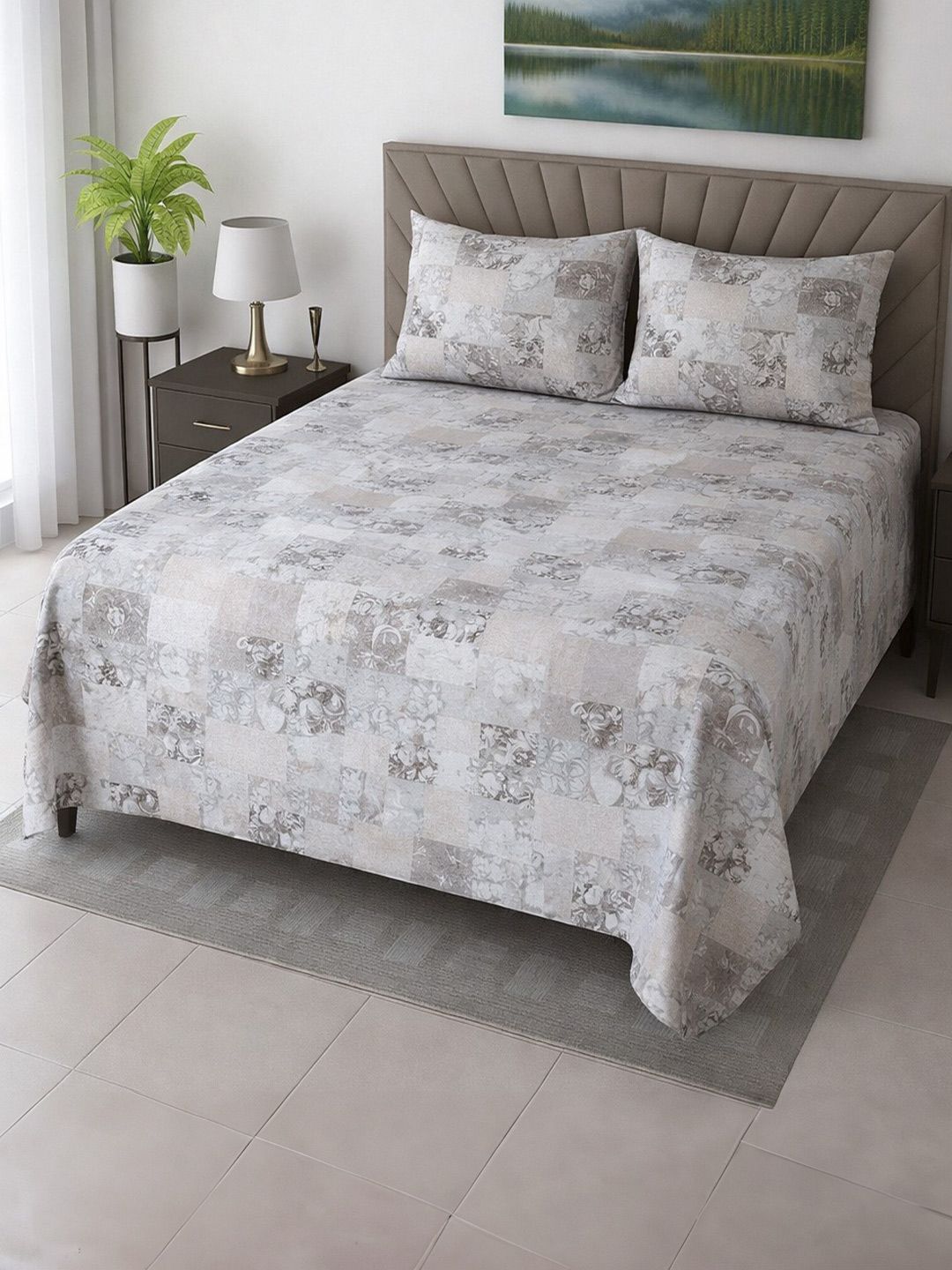 Threadwear Grey Floral Printed 400 TC Pure Cotton King Bedsheet Set 2.75 m x 2.75 m