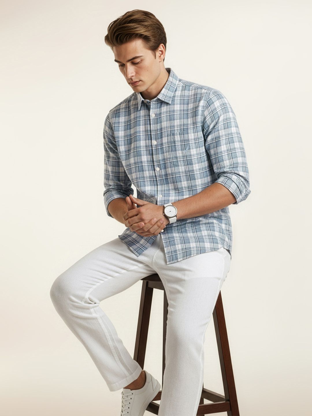 Nautica Tartan Checked Pure Cotton Slim Fit Casual Shirt