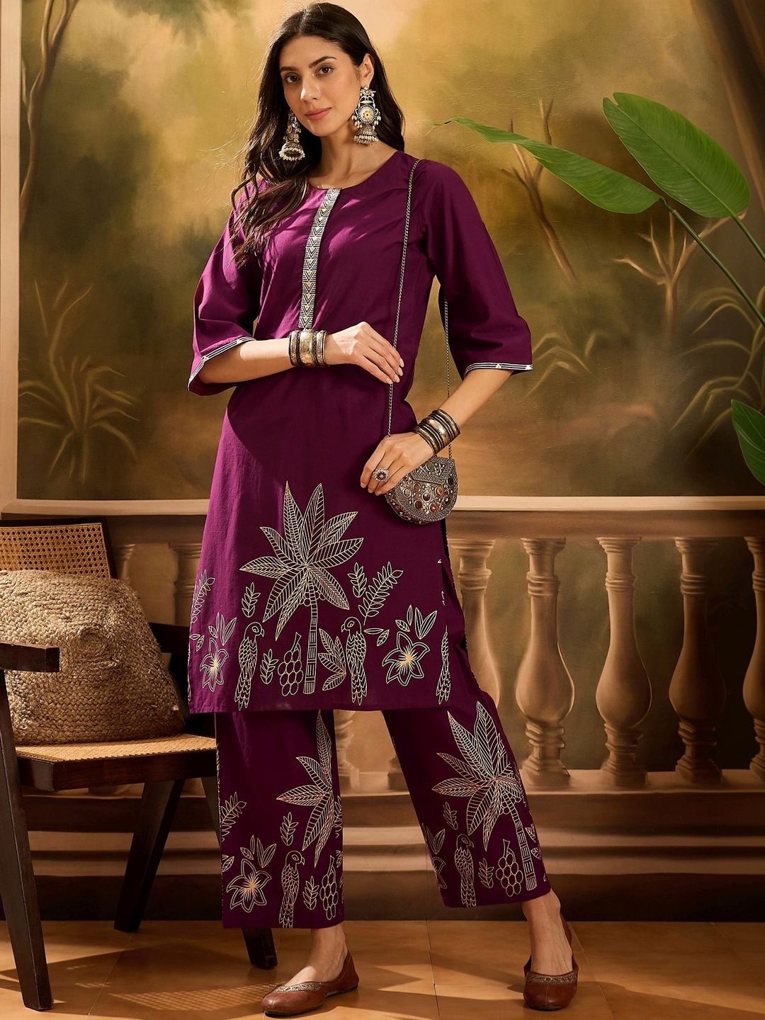 Sangria Printed Pure Cotton Round Neck Kurta & Trousers Kurta Set