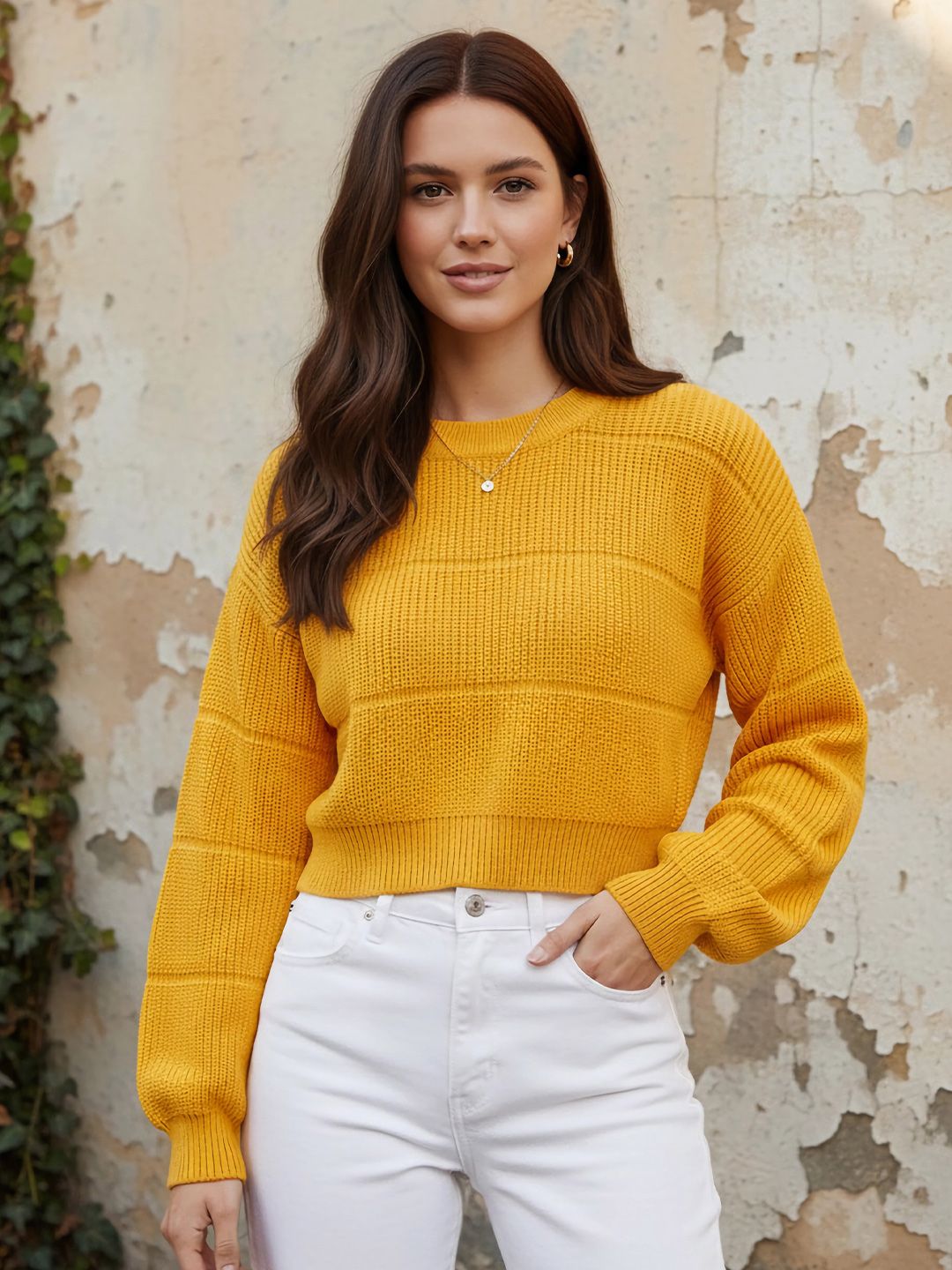 Berrylush BASICS Yellow Ribbed Acrylic Crop Pullover Sweater