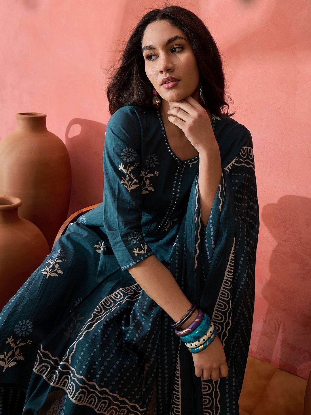 Sangria Printed Pure Cotton Round Neck Kurta & Trousers Kurta Set