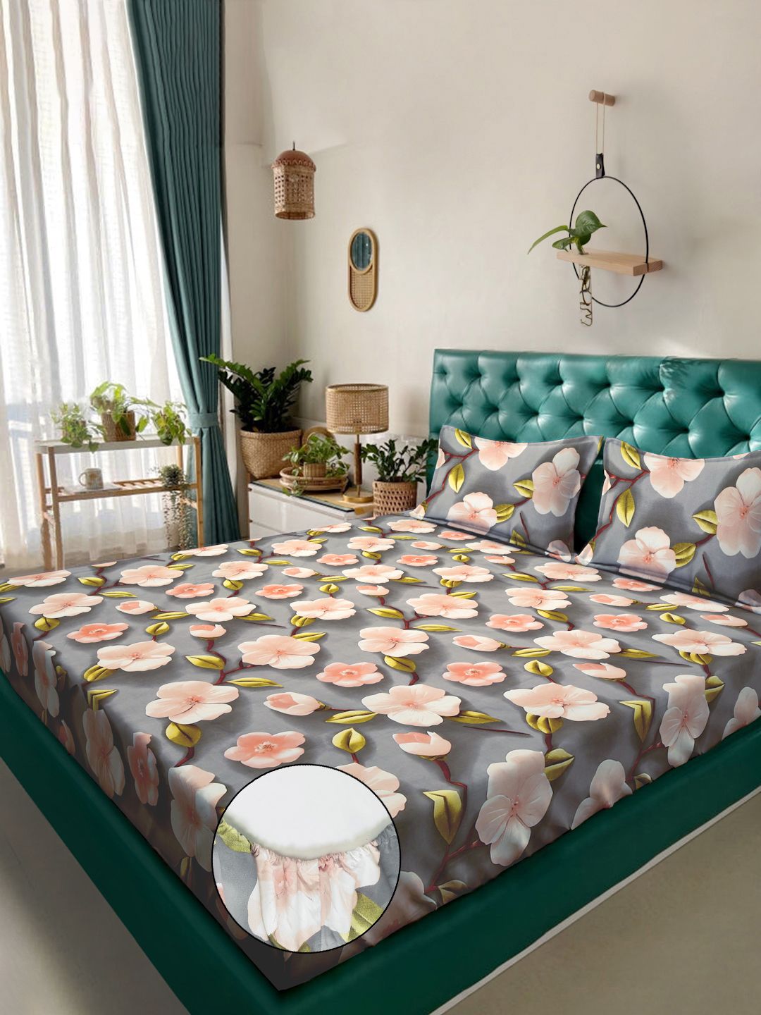 KLOTTHE Grey Floral Printed Fitted 300 TC King 7D Bedsheet With 2 Pillow Cover