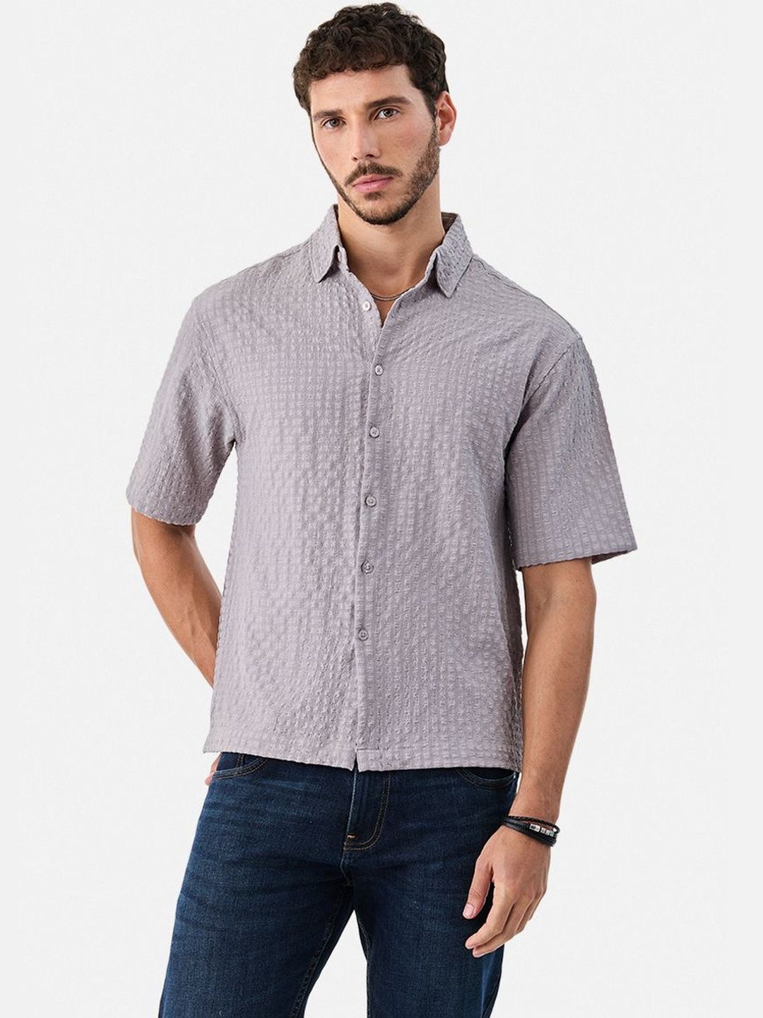 Snitch Textured Polyester Short Sleeves Boxy Fit Shirt