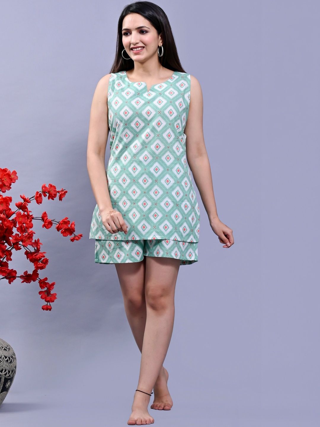 Hustle Bustle Women Mint Green Geometric Print Sleeveless Nightdress
