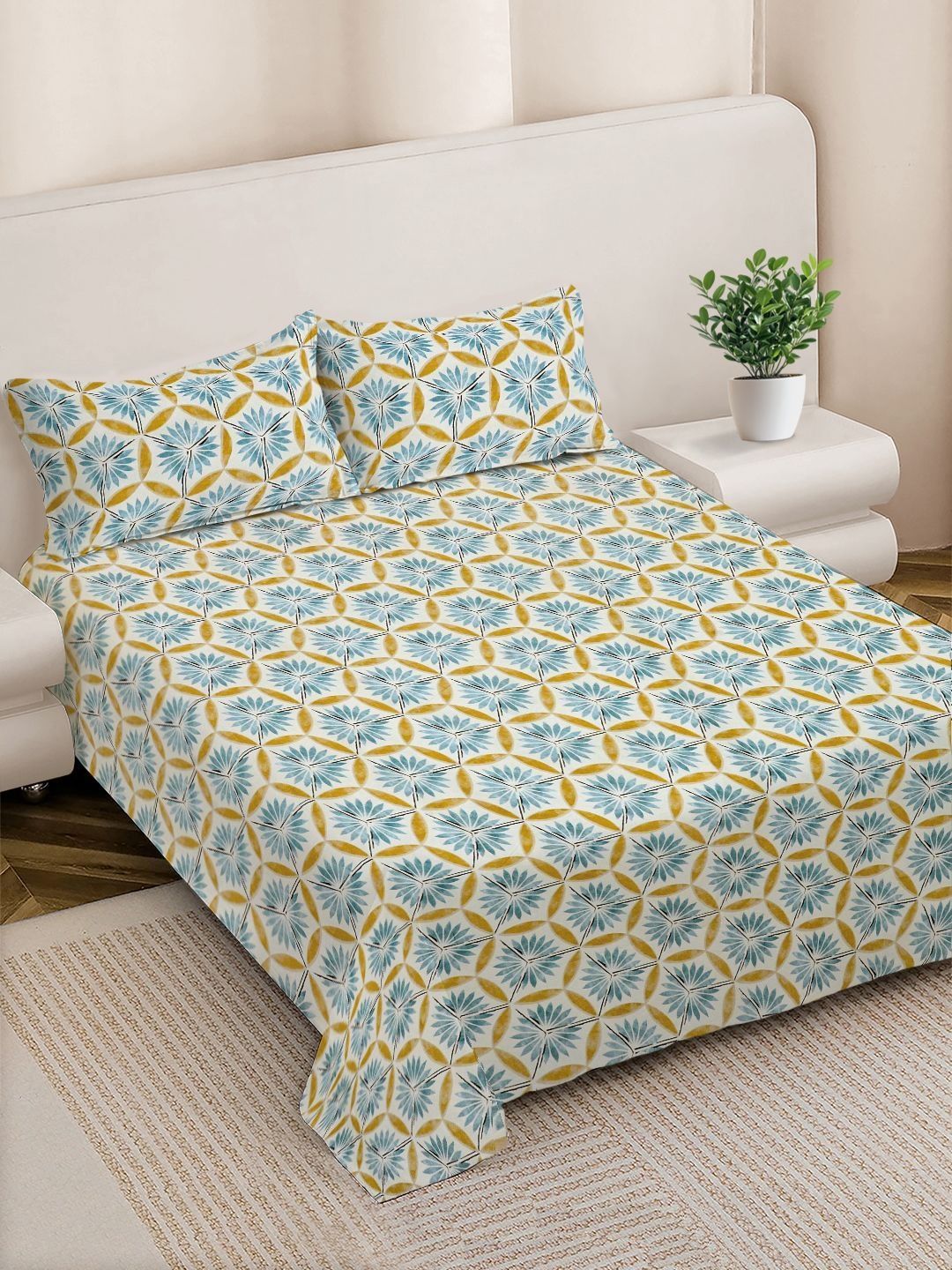 FABINALIV Off White Floral 300 TC King Bedsheet with 2 Pillow Covers