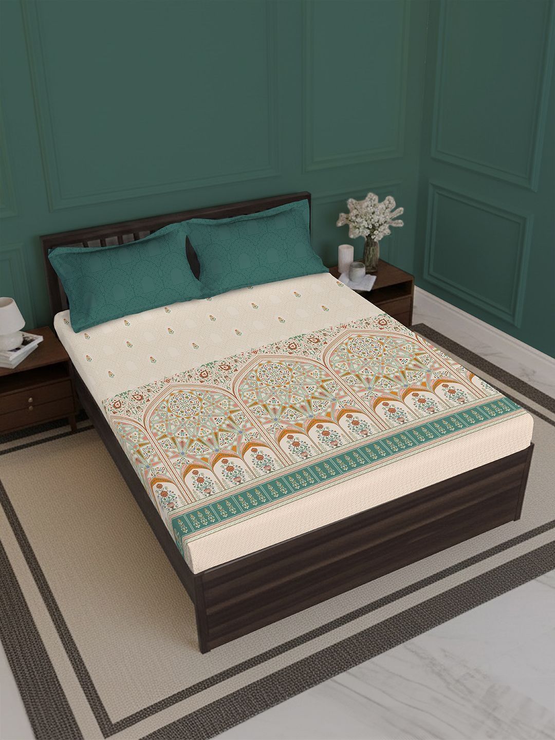 MYTRIDENT Cream-Coloured Ethnic Motifs 180 TC King Bedsheet with 2 Pillow Covers