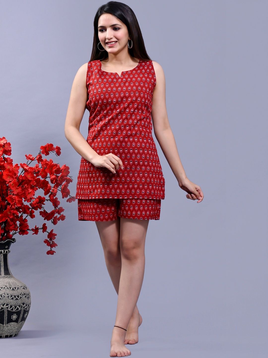Hustle Bustle Women Red Printed Sleeveless Nightdress