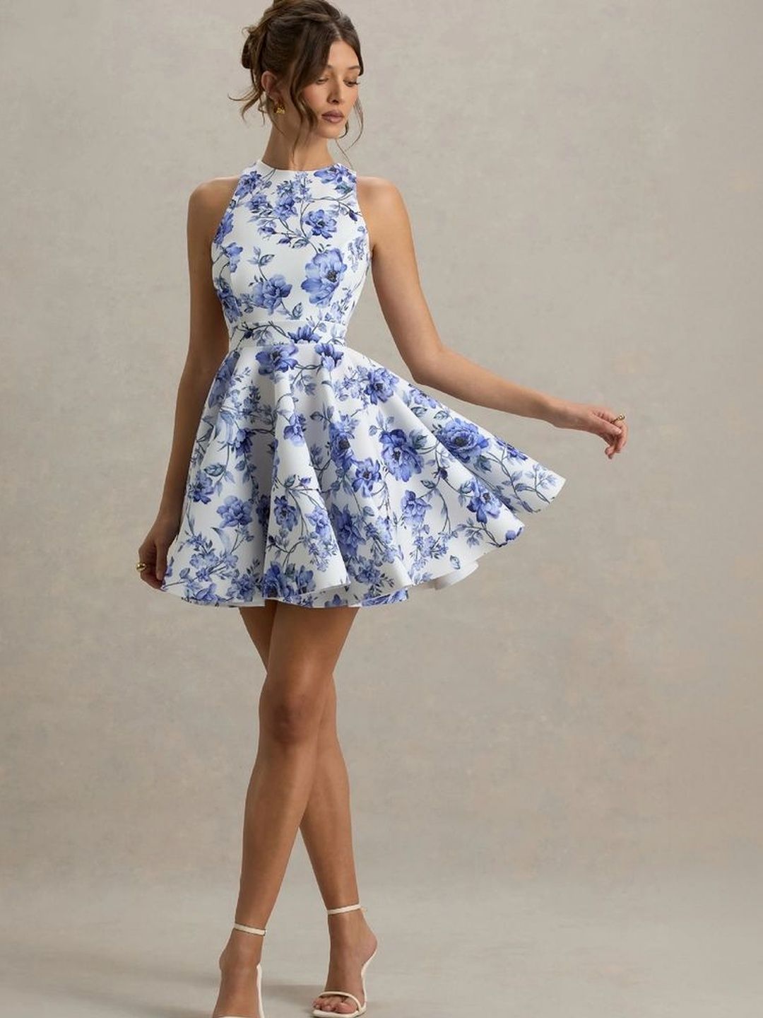 LULU & SKY Floral Print Halter Neck Fit & Flare Mini Dress