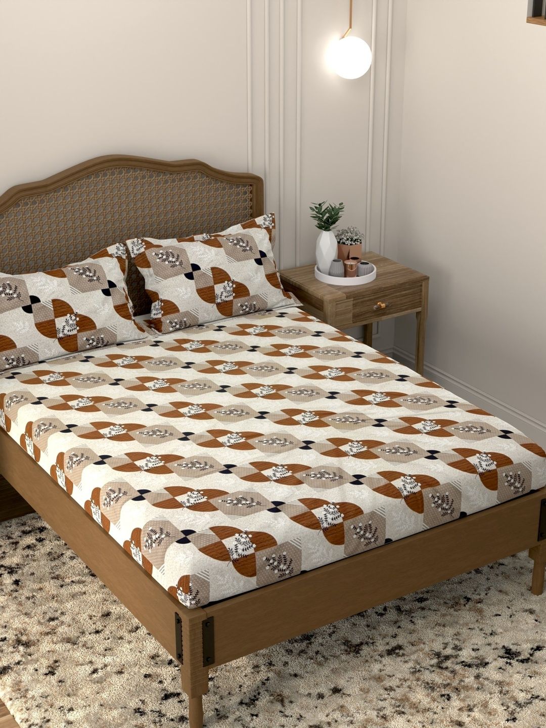 Pure Decor White & Multicoloured Geometric 180 TC Queen Bedsheet with 2 Pillow Covers