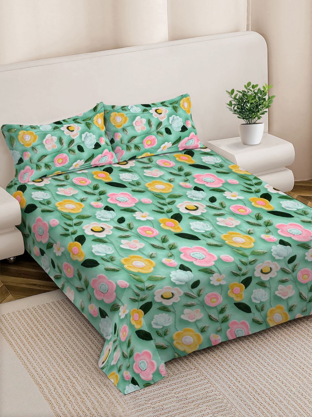 FABINALIV Green Floral 300 TC King Size 7D Bedsheet & 2 Pillow Covers