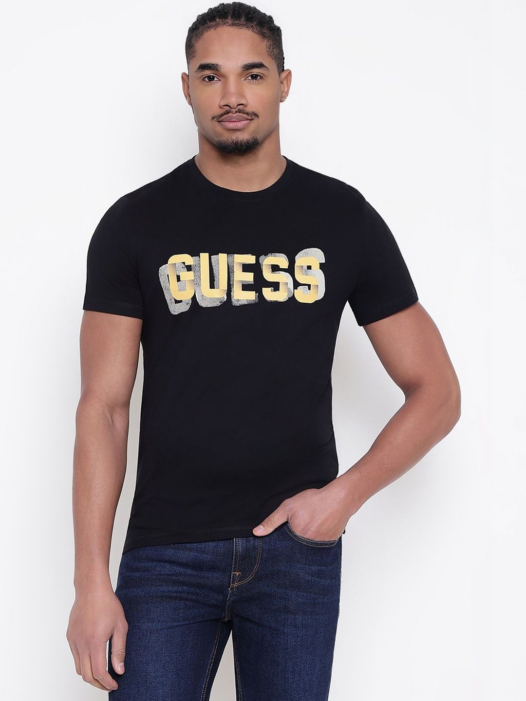 GUESS Men Brand Logo Printed Pure Cotton Slim Fit T-shirt